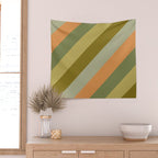 Retro Diagonal Stripes in Vintage Olive Green and Cantaloupe Orange Wall Tapestry Gallery Image 2