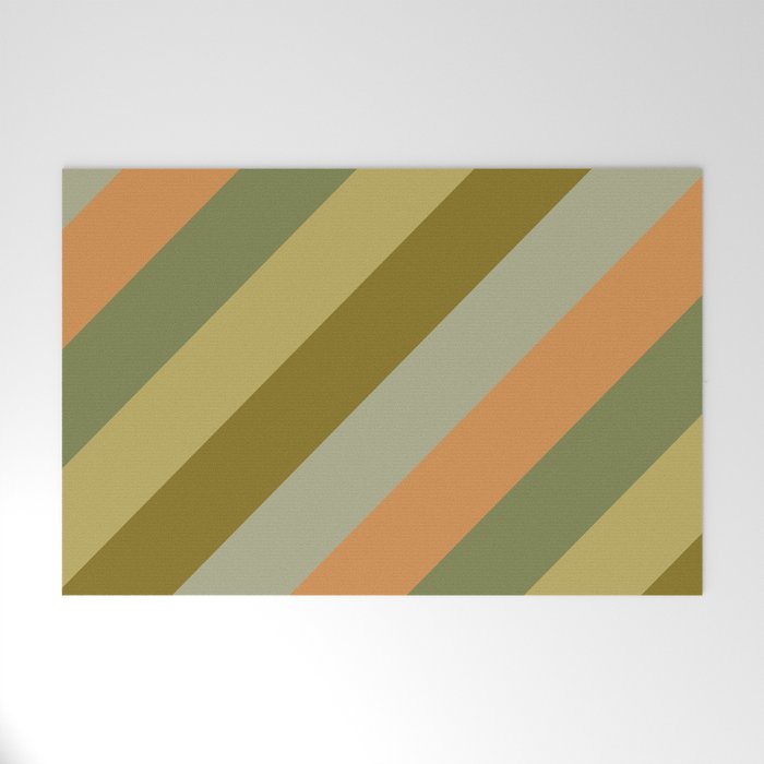Retro Diagonal Stripes in Vintage Olive Green and Cantaloupe Orange Welcome Mat Gallery Image 1