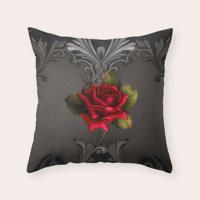 Gothic Glamour Red Rose Black Ornamental Glam Throw Pillow Gallery Image 6