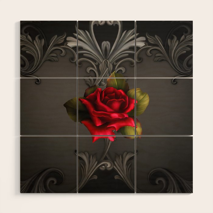 Gothic Glamour Red Rose Black Ornamental Glam Wood Wall Art Gallery Image 1