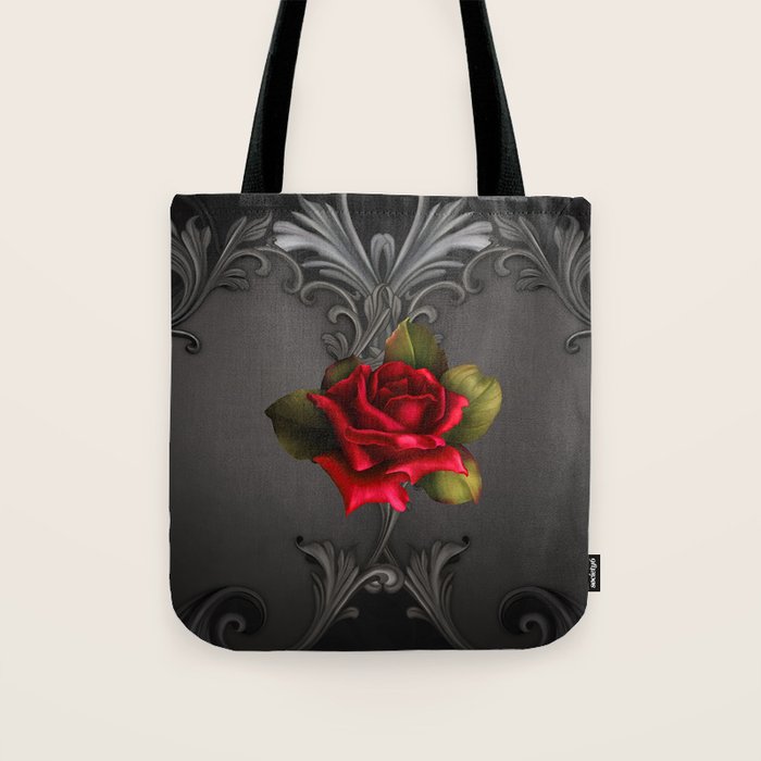 Gothic Glamour Red Rose Black Ornamental Glam Tote Bag Gallery Image 1