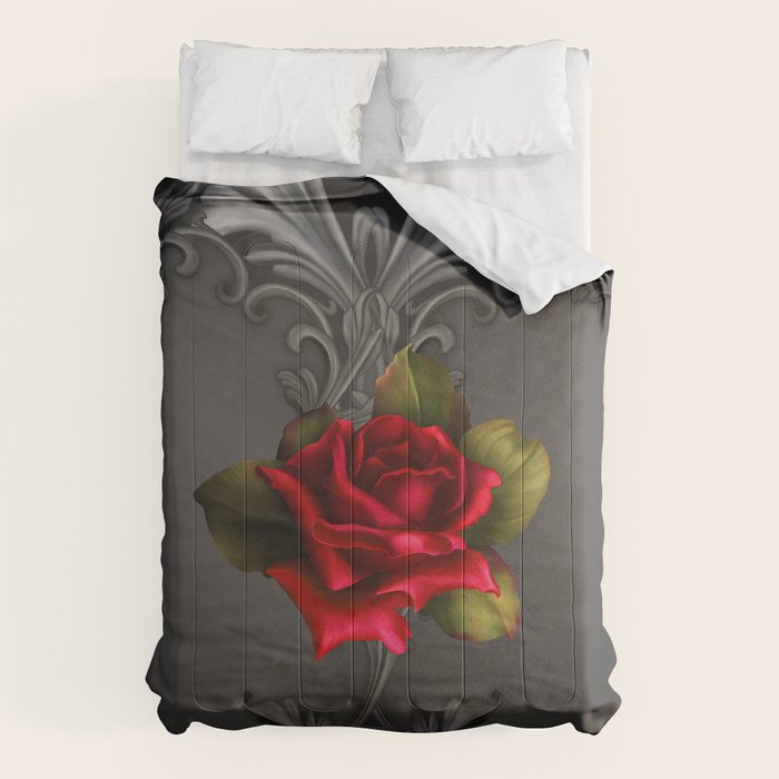 Gothic Glamour Red Rose Black Ornamental Glam Comforter Gallery Image 6