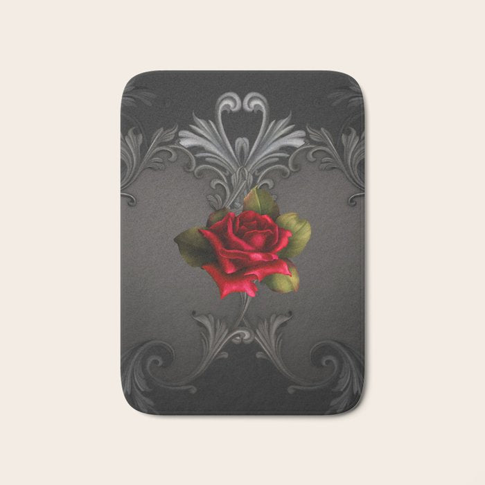 Gothic Glamour Red Rose Black Ornamental Glam Bath Mat Gallery Image 1