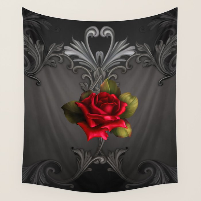 Gothic Glamour Red Rose Black Ornamental Glam Wall Tapestry Gallery Image 1