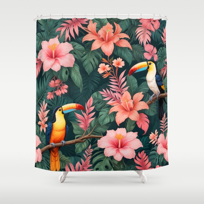 Toucans & Hibiscus, Floral Dark Jungle Blossom, Birds Animals Forest Botanical, Graphic Art Nature Wildlife Shower Curtain Gallery Image 1