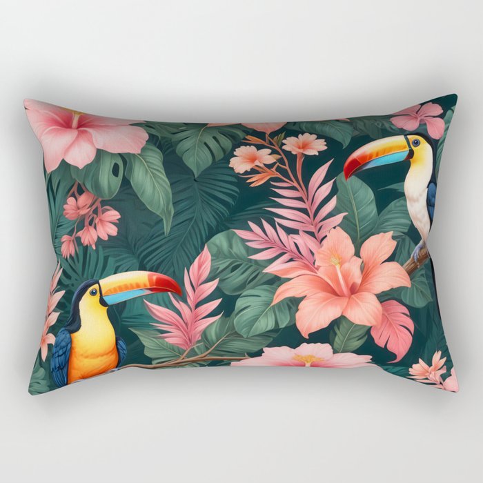 Toucans & Hibiscus, Floral Dark Jungle Blossom, Birds Animals Forest Botanical, Graphic Art Nature Wildlife Rectangular Pillow Gallery Image 1