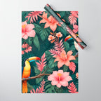 Toucans & Hibiscus, Floral Dark Jungle Blossom, Birds Animals Forest Botanical, Graphic Art Nature Wildlife Wrapping Paper Gallery Image 1