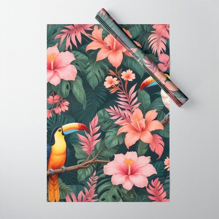 Toucans & Hibiscus, Floral Dark Jungle Blossom, Birds Animals Forest Botanical, Graphic Art Nature Wildlife Wrapping Paper Gallery Image 1