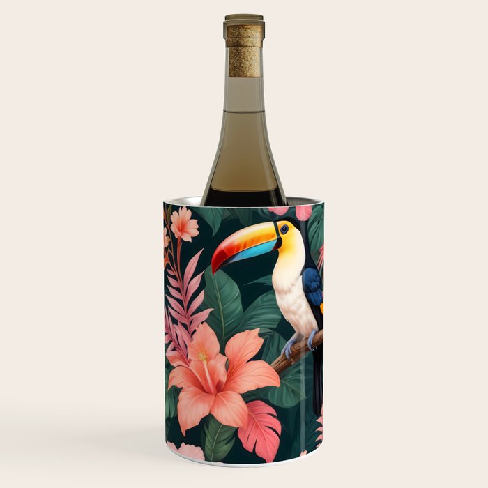Toucans & Hibiscus, Floral Dark Jungle Blossom, Birds Animals Forest Botanical, Graphic Art Nature Wildlife Wine Chiller Gallery Image 3