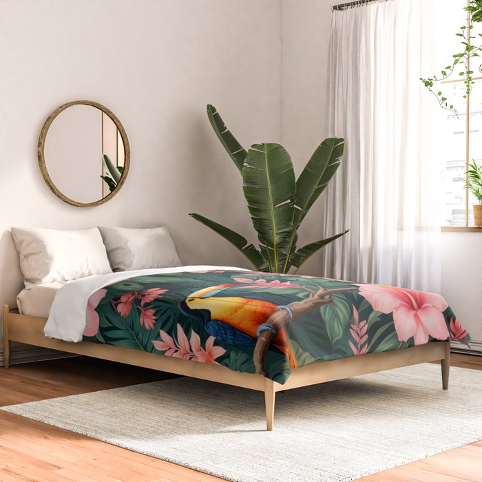 Toucans & Hibiscus, Floral Dark Jungle Blossom, Birds Animals Forest Botanical, Graphic Art Nature Wildlife Comforter Gallery Image 2