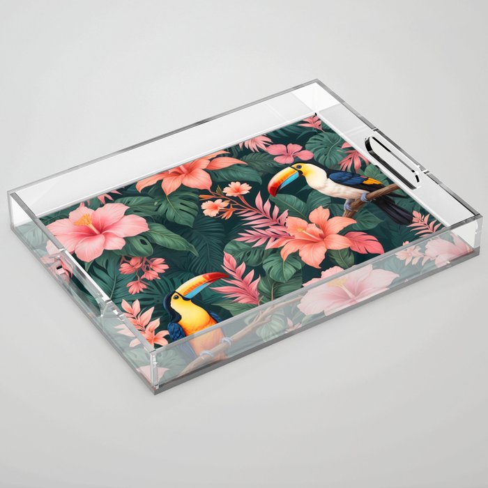 Toucans & Hibiscus, Floral Dark Jungle Blossom, Birds Animals Forest Botanical, Graphic Art Nature Wildlife Acrylic Tray Gallery Image 1