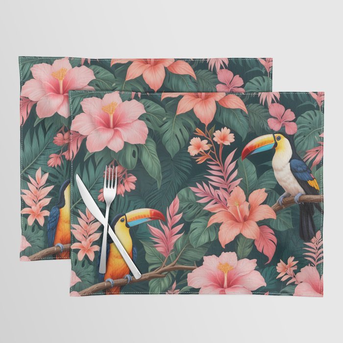Toucans & Hibiscus, Floral Dark Jungle Blossom, Birds Animals Forest Botanical, Graphic Art Nature Wildlife Placemat Gallery Image 1
