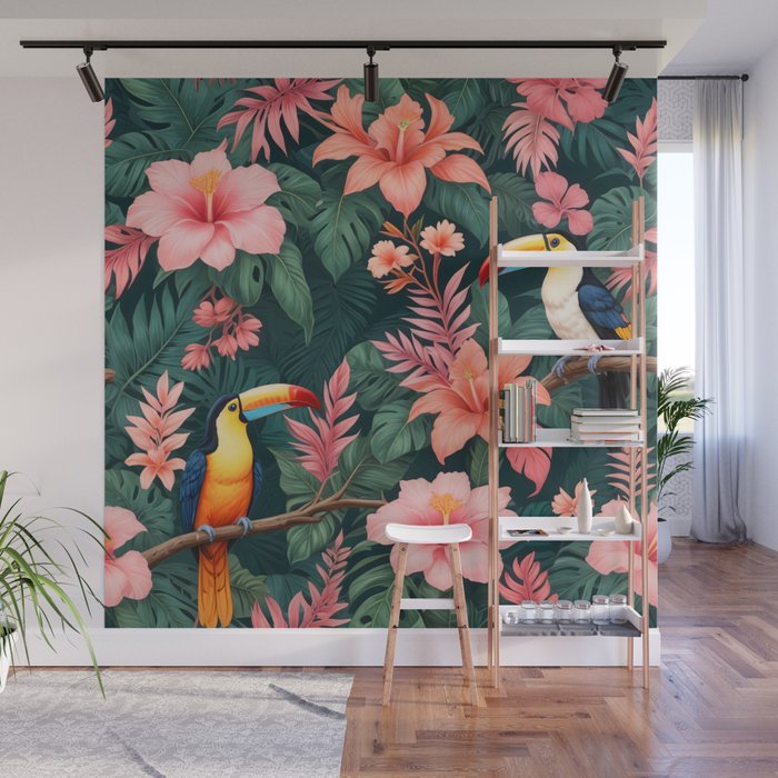 Toucans & Hibiscus, Floral Dark Jungle Blossom, Birds Animals Forest Botanical, Graphic Art Nature Wildlife Wall Mural Gallery Image 1