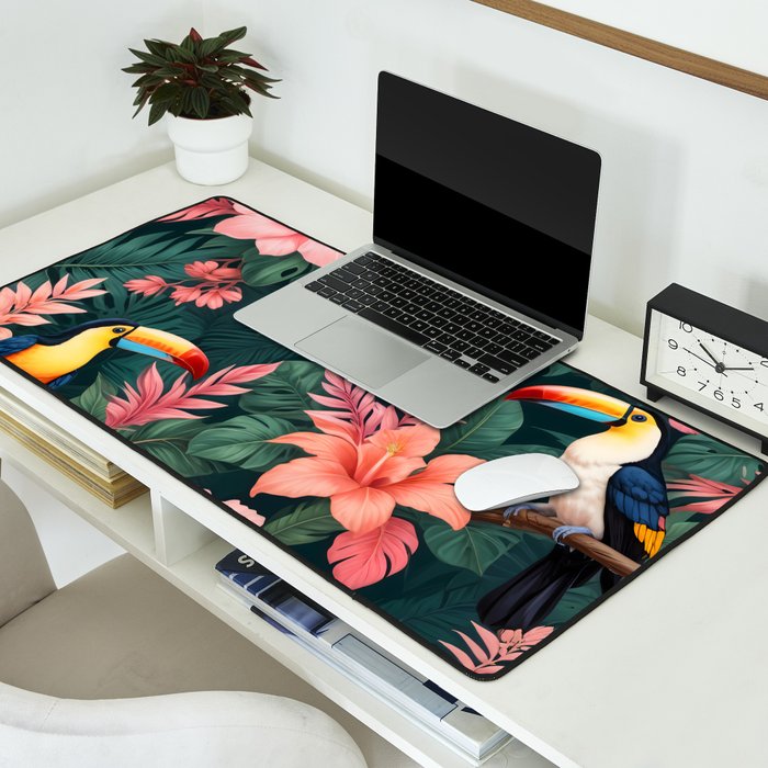 Toucans & Hibiscus, Floral Dark Jungle Blossom, Birds Animals Forest Botanical, Graphic Art Nature Wildlife Desk Mat Gallery Image 2