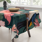 Toucans & Hibiscus, Floral Dark Jungle Blossom, Birds Animals Forest Botanical, Graphic Art Nature Wildlife Tablecloth Gallery Image 3