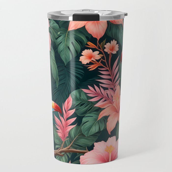 Toucans & Hibiscus, Floral Dark Jungle Blossom, Birds Animals Forest Botanical, Graphic Art Nature Wildlife Travel Mug Gallery Image 1