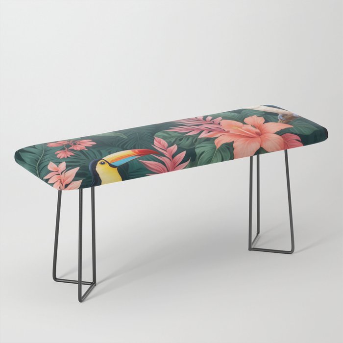 Toucans & Hibiscus, Floral Dark Jungle Blossom, Birds Animals Forest Botanical, Graphic Art Nature Wildlife Bench Gallery Image 1