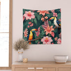 Toucans & Hibiscus, Floral Dark Jungle Blossom, Birds Animals Forest Botanical, Graphic Art Nature Wildlife Wall Tapestry Gallery Image 2