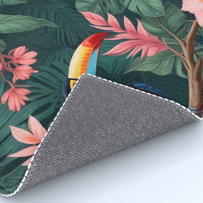 Toucans & Hibiscus, Floral Dark Jungle Blossom, Birds Animals Forest Botanical, Graphic Art Nature Wildlife Rug Gallery Image 4