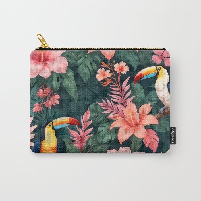 Toucans & Hibiscus, Floral Dark Jungle Blossom, Birds Animals Forest Botanical, Graphic Art Nature Wildlife Carry All Pouch Gallery Image 1