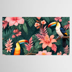 Toucans & Hibiscus, Floral Dark Jungle Blossom, Birds Animals Forest Botanical, Graphic Art Nature Wildlife Tablecloth Gallery Image 2