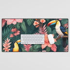 Toucans & Hibiscus, Floral Dark Jungle Blossom, Birds Animals Forest Botanical, Graphic Art Nature Wildlife Desk Mat Gallery Image 1