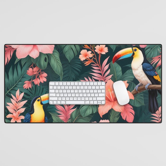Toucans & Hibiscus, Floral Dark Jungle Blossom, Birds Animals Forest Botanical, Graphic Art Nature Wildlife Desk Mat Gallery Image 1