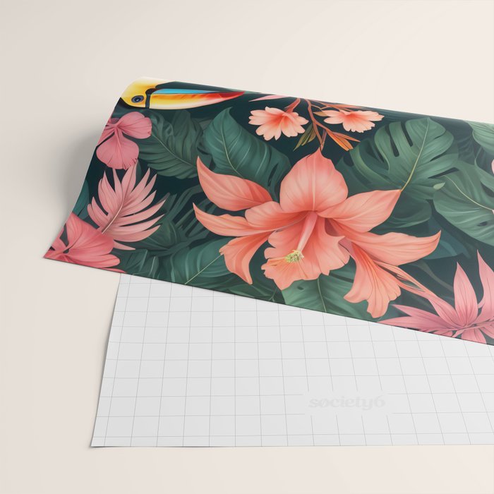 Toucans & Hibiscus, Floral Dark Jungle Blossom, Birds Animals Forest Botanical, Graphic Art Nature Wildlife Wrapping Paper Gallery Image 2
