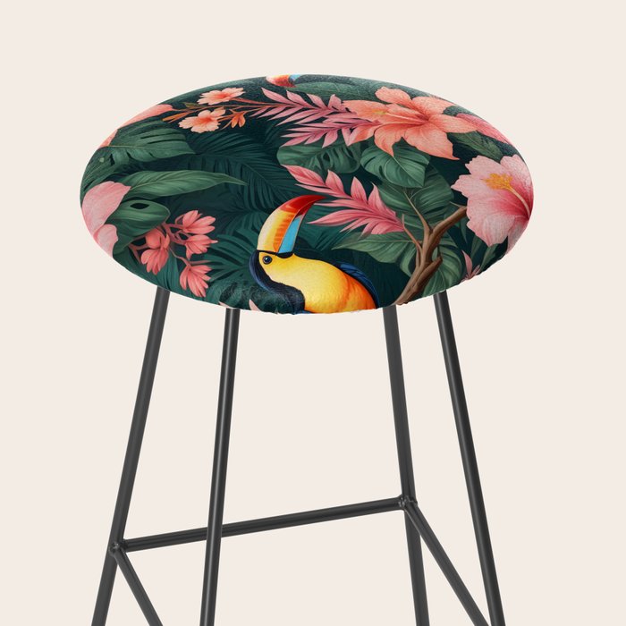 Toucans & Hibiscus, Floral Dark Jungle Blossom, Birds Animals Forest Botanical, Graphic Art Nature Wildlife Stool Gallery Image 2