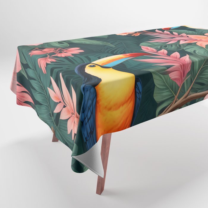 Toucans & Hibiscus, Floral Dark Jungle Blossom, Birds Animals Forest Botanical, Graphic Art Nature Wildlife Tablecloth Gallery Image 1