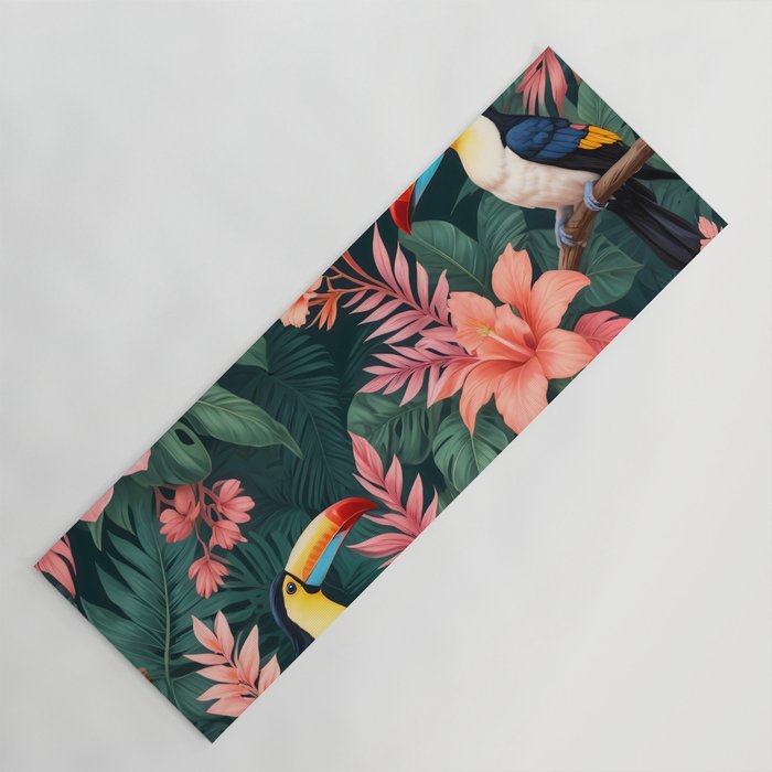 Toucans & Hibiscus, Floral Dark Jungle Blossom, Birds Animals Forest Botanical, Graphic Art Nature Wildlife Yoga Mat Gallery Image 1