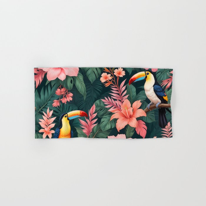 Toucans & Hibiscus, Floral Dark Jungle Blossom, Birds Animals Forest Botanical, Graphic Art Nature Wildlife Bath Towel Gallery Image 1