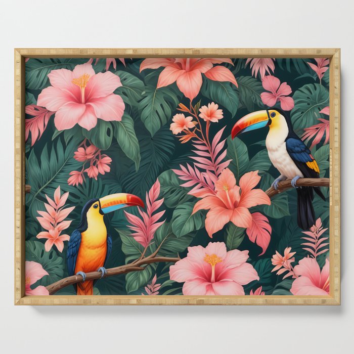 Toucans & Hibiscus, Floral Dark Jungle Blossom, Birds Animals Forest Botanical, Graphic Art Nature Wildlife Serving Tray Gallery Image 1