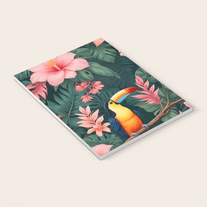Toucans & Hibiscus, Floral Dark Jungle Blossom, Birds Animals Forest Botanical, Graphic Art Nature Wildlife Notebook Gallery Image 3