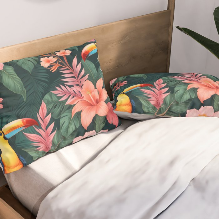 Toucans & Hibiscus, Floral Dark Jungle Blossom, Birds Animals Forest Botanical, Graphic Art Nature Wildlife Pillow Sham Gallery Image 2