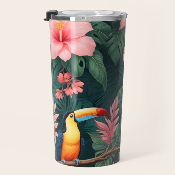 Toucans & Hibiscus, Floral Dark Jungle Blossom, Birds Animals Forest Botanical, Graphic Art Nature Wildlife Travel Mug Gallery Image 3