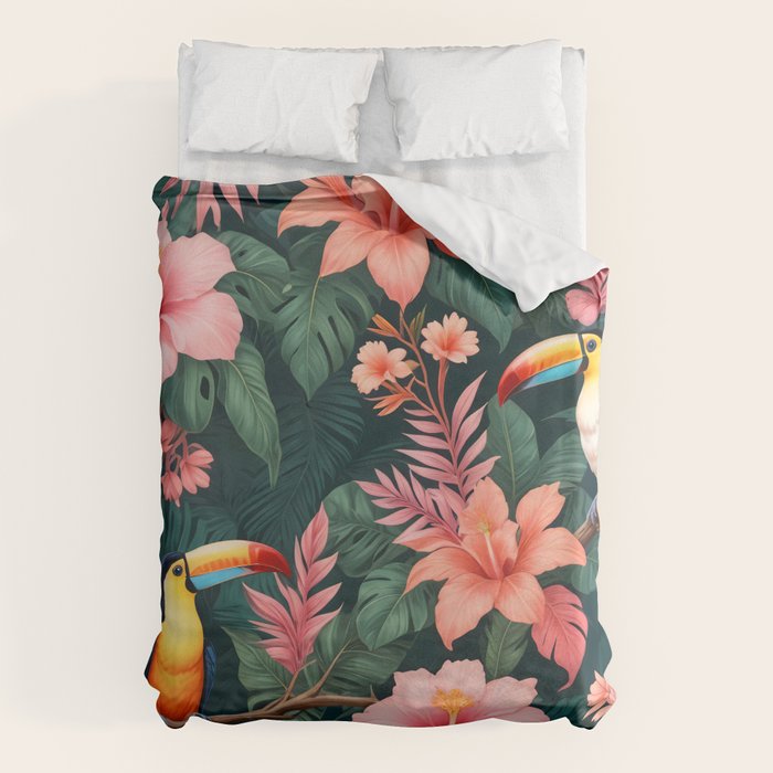 Toucans & Hibiscus, Floral Dark Jungle Blossom, Birds Animals Forest Botanical, Graphic Art Nature Wildlife Duvet Cover Gallery Image 1
