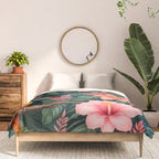 Toucans & Hibiscus, Floral Dark Jungle Blossom, Birds Animals Forest Botanical, Graphic Art Nature Wildlife Comforter Gallery Image 3