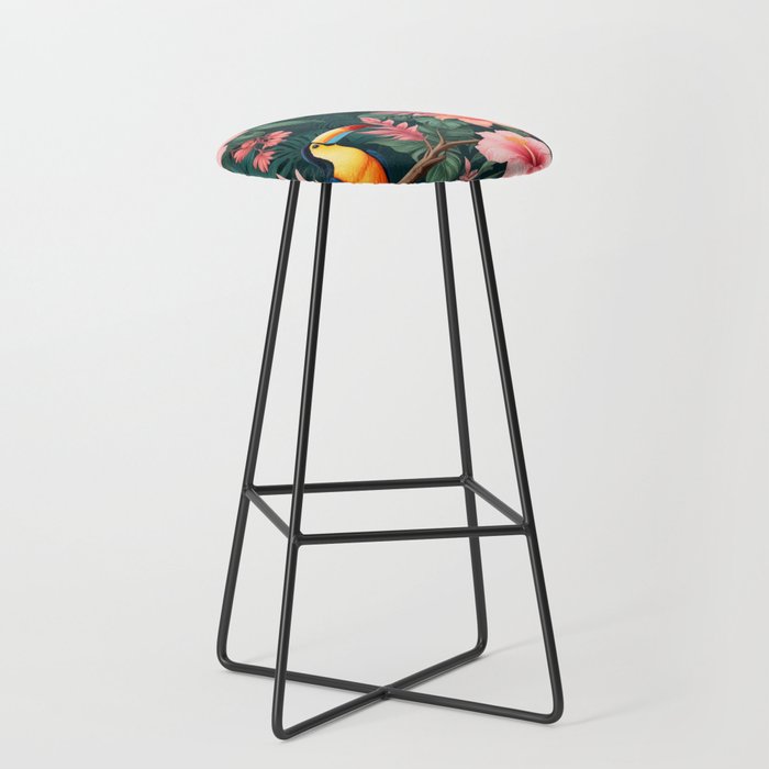Toucans & Hibiscus, Floral Dark Jungle Blossom, Birds Animals Forest Botanical, Graphic Art Nature Wildlife Stool Gallery Image 1