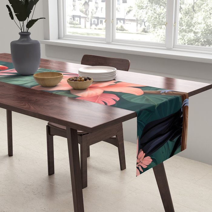 Toucans & Hibiscus, Floral Dark Jungle Blossom, Birds Animals Forest Botanical, Graphic Art Nature Wildlife Table Runner Gallery Image 2