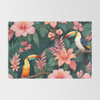 Toucans & Hibiscus, Floral Dark Jungle Blossom, Birds Animals Forest Botanical, Graphic Art Nature Wildlife Rug Gallery Image 2