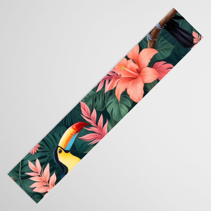 Toucans & Hibiscus, Floral Dark Jungle Blossom, Birds Animals Forest Botanical, Graphic Art Nature Wildlife Table Runner Gallery Image 3