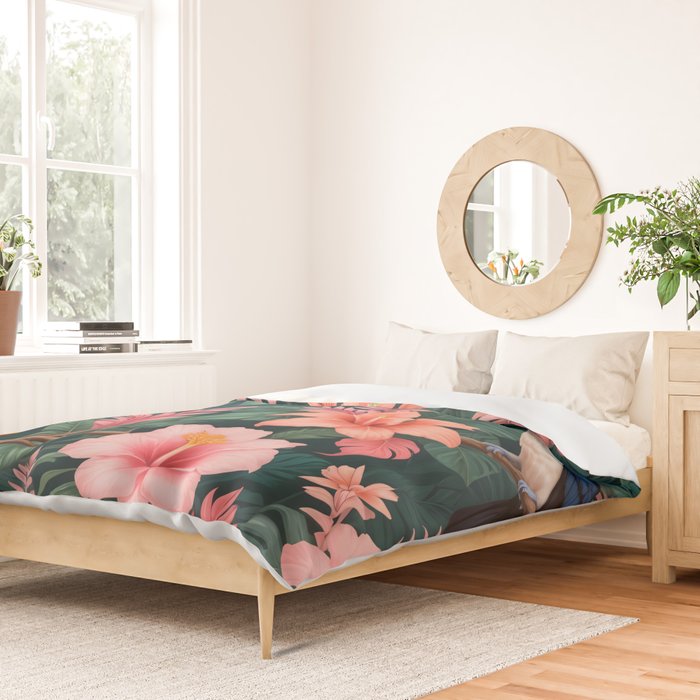 Toucans & Hibiscus, Floral Dark Jungle Blossom, Birds Animals Forest Botanical, Graphic Art Nature Wildlife Duvet Cover Gallery Image 2