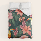 Toucans & Hibiscus, Floral Dark Jungle Blossom, Birds Animals Forest Botanical, Graphic Art Nature Wildlife Comforter Gallery Image 6