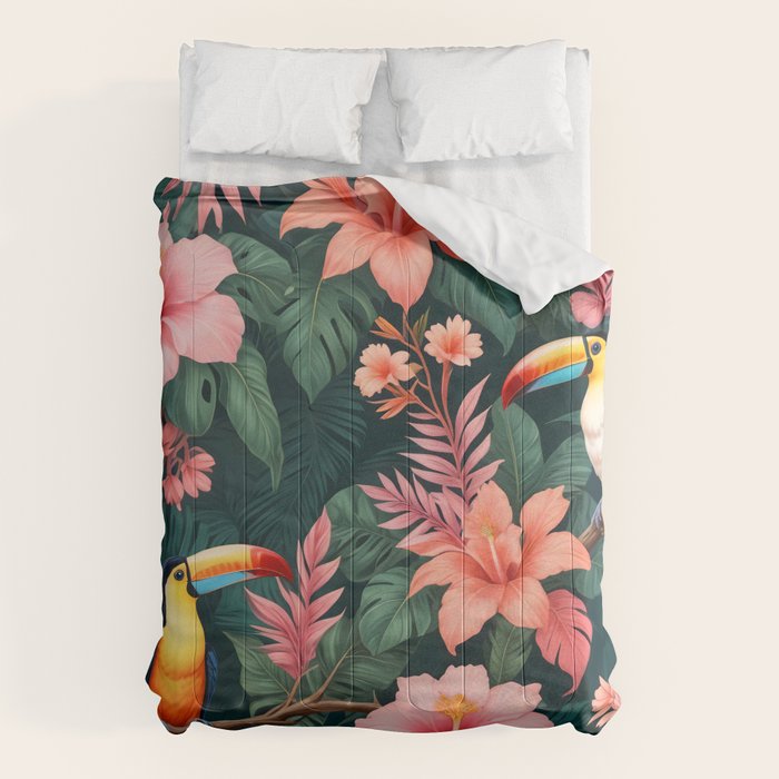 Toucans & Hibiscus, Floral Dark Jungle Blossom, Birds Animals Forest Botanical, Graphic Art Nature Wildlife Comforter Gallery Image 6