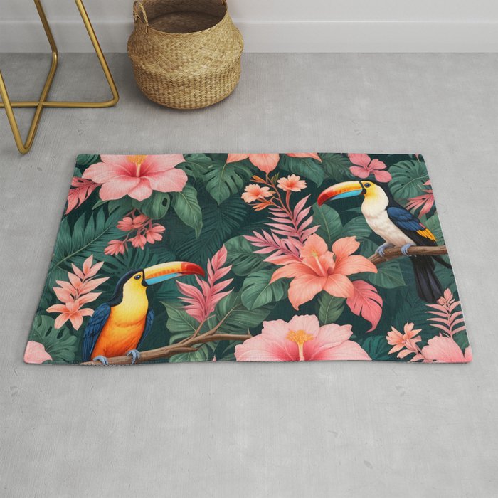 Toucans & Hibiscus, Floral Dark Jungle Blossom, Birds Animals Forest Botanical, Graphic Art Nature Wildlife Rug Gallery Image 1
