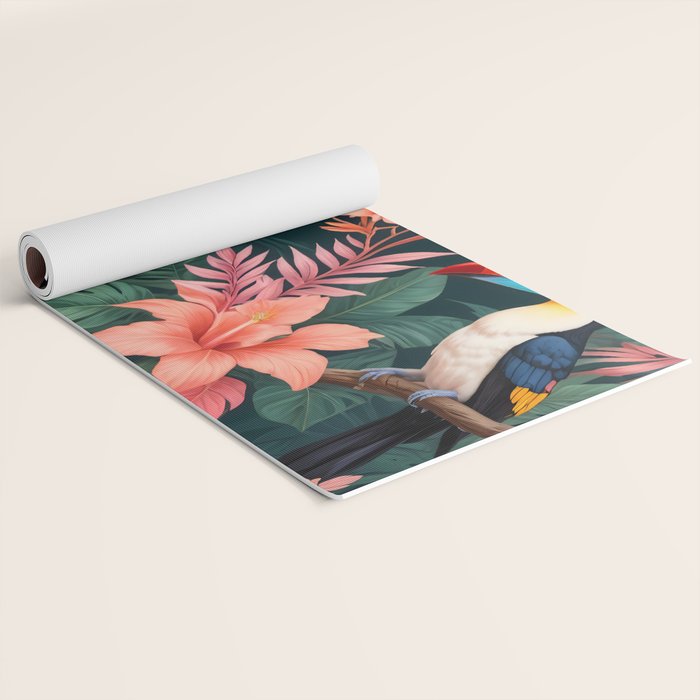 Toucans & Hibiscus, Floral Dark Jungle Blossom, Birds Animals Forest Botanical, Graphic Art Nature Wildlife Yoga Mat Gallery Image 2