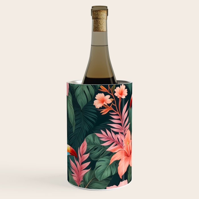Toucans & Hibiscus, Floral Dark Jungle Blossom, Birds Animals Forest Botanical, Graphic Art Nature Wildlife Wine Chiller Gallery Image 1