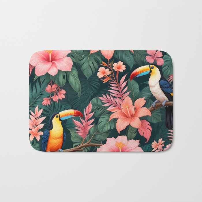 Toucans & Hibiscus, Floral Dark Jungle Blossom, Birds Animals Forest Botanical, Graphic Art Nature Wildlife Bath Mat Gallery Image 1