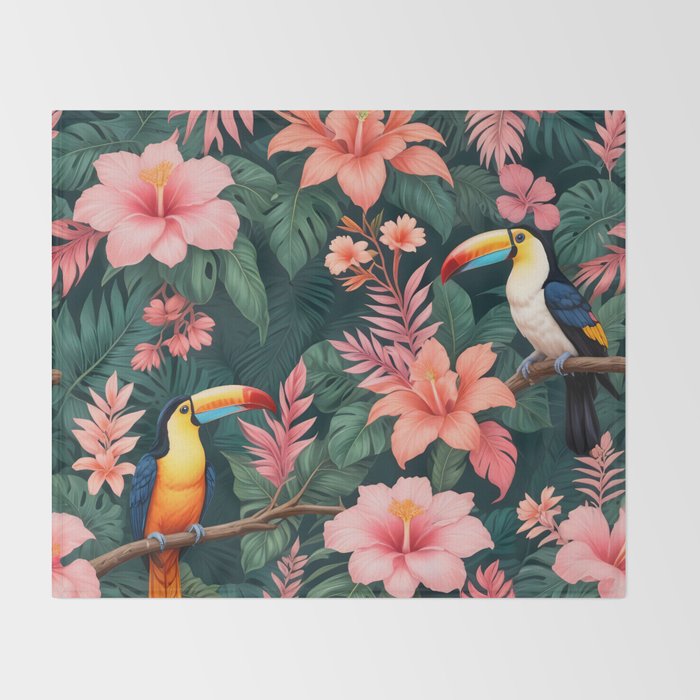 Toucans & Hibiscus, Floral Dark Jungle Blossom, Birds Animals Forest Botanical, Graphic Art Nature Wildlife Throw Blanket Gallery Image 2